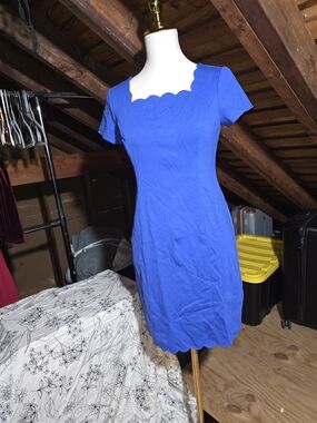 Women's Scalloped Neck Short Sleeve Dress - Royal Blue